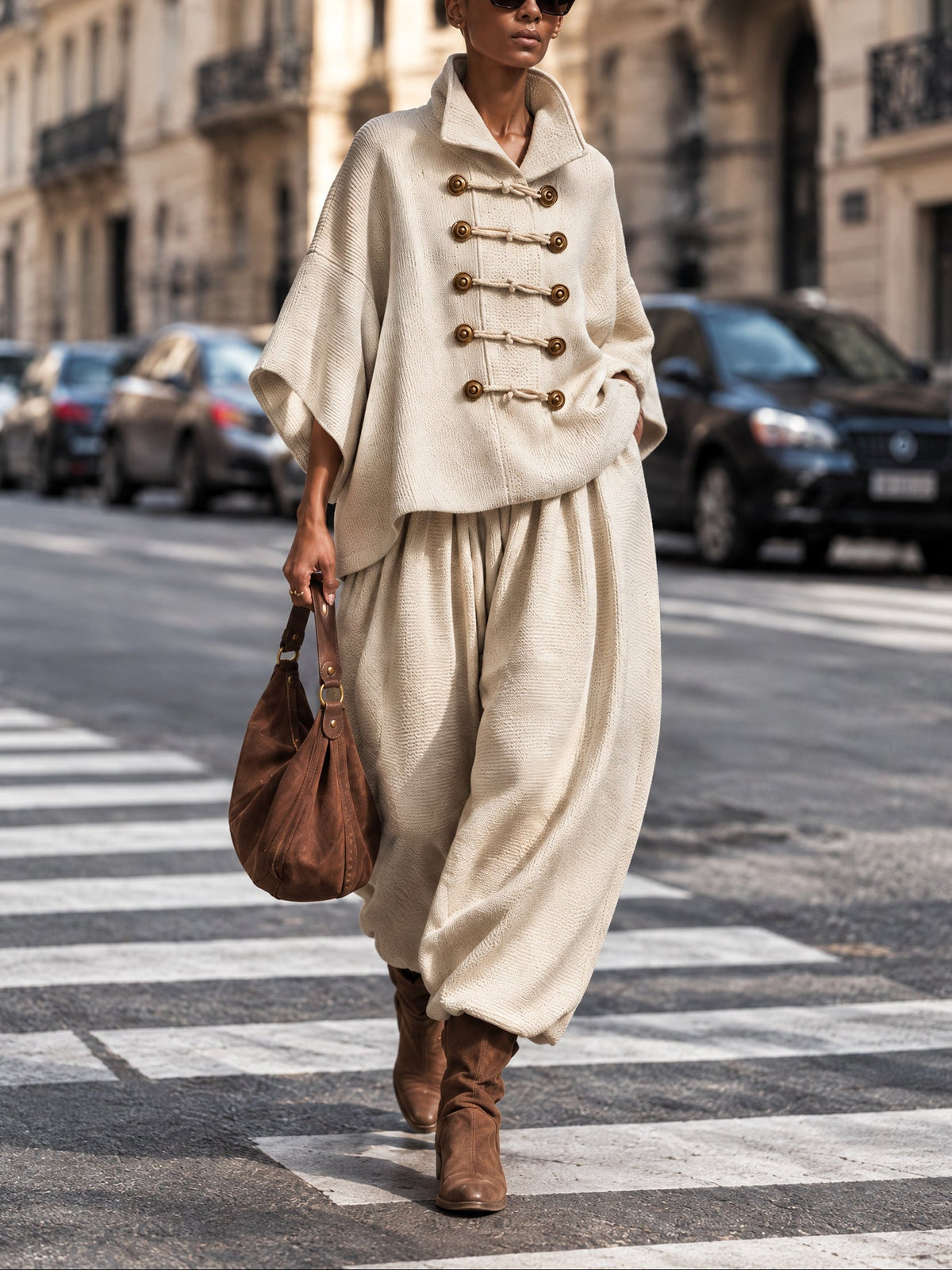 Oversized Oberteil mit Lagen-Kragen und Knebelverschluss und weite Hose Set
