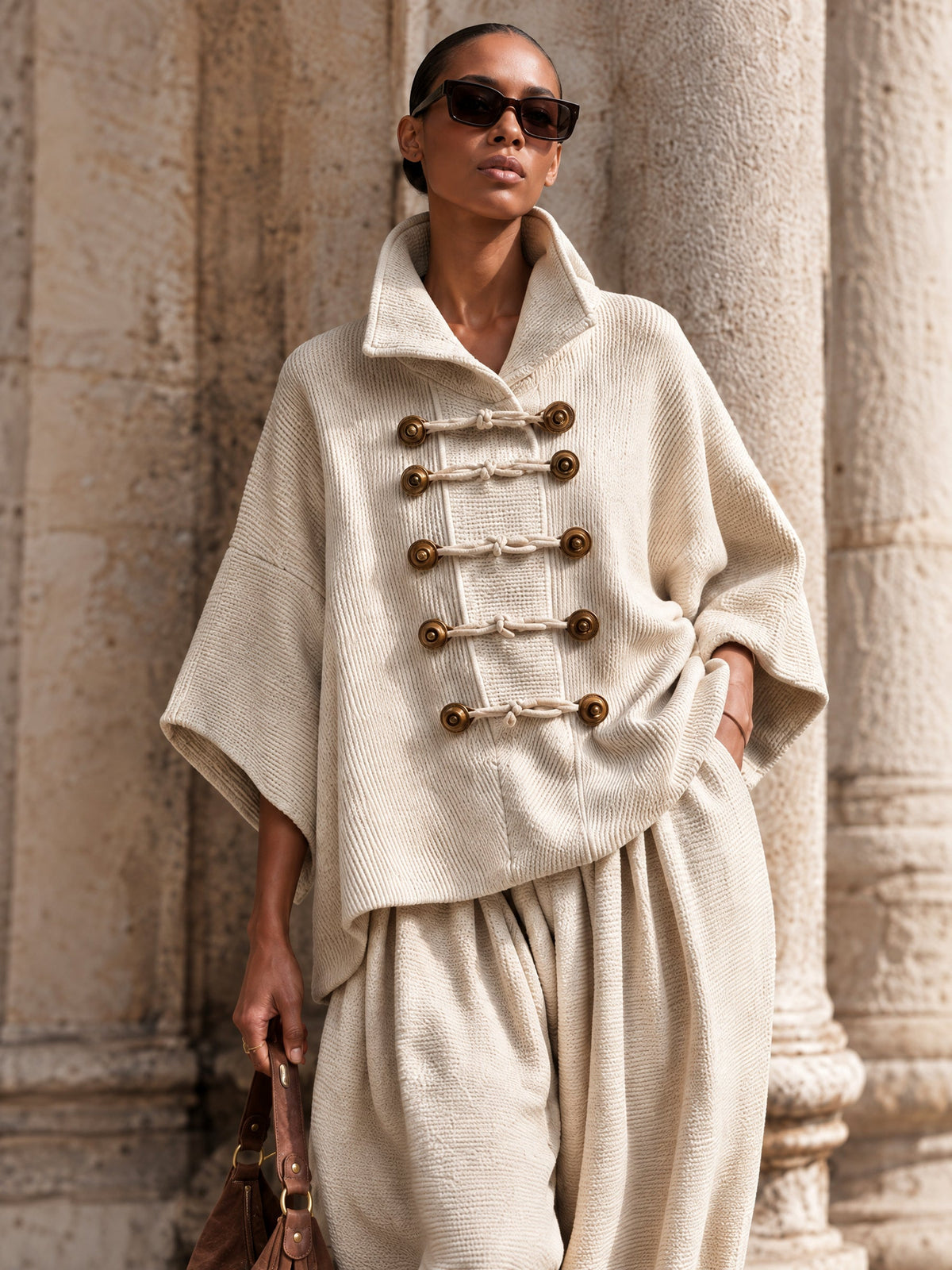 Oversized Oberteil mit Lagen-Kragen und Knebelverschluss und weite Hose Set