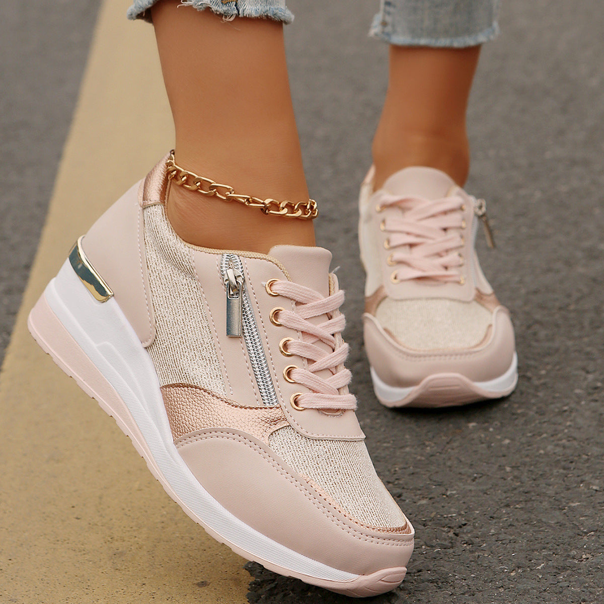 Damen-Sneaker mit Schnürung und seitlichem Reißverschluss – Dicke Sohle, Komfort und sportlicher Stil