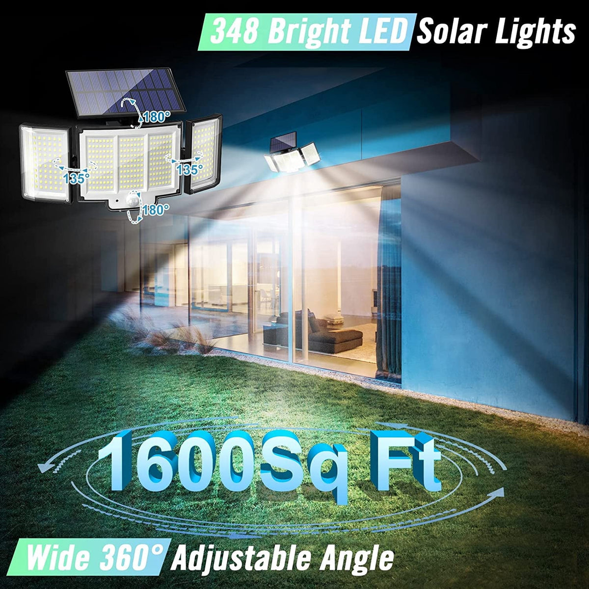 Solar Bewegungsmelder Sicherheitsleuchte mit Fernbedienung, 348 LED 3 Köpfe