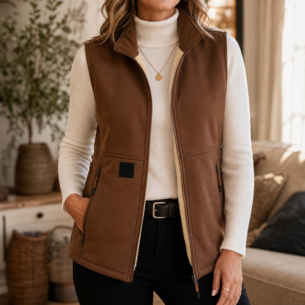 Unisex Fleece-gefütterte Winterweste, Durchgehender Reißverschluss Stehkragen Gilet mit Reißverschlusstaschen