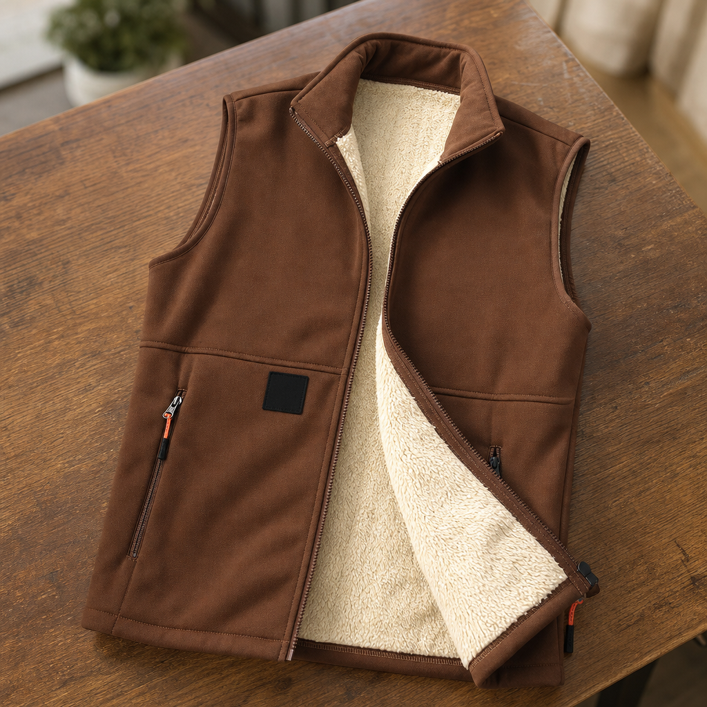 Unisex Fleece-gefütterte Winterweste, Durchgehender Reißverschluss Stehkragen Gilet mit Reißverschlusstaschen
