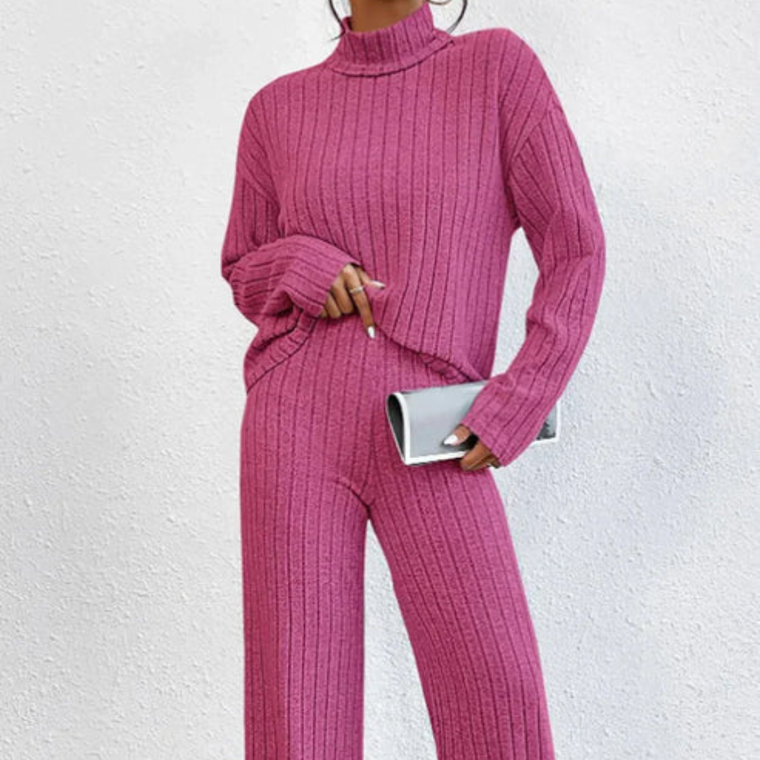 Trainingsanzug Damen 2-teilig Strick mit Rollkragen & Wide-Leg Hose – KnitChic Set