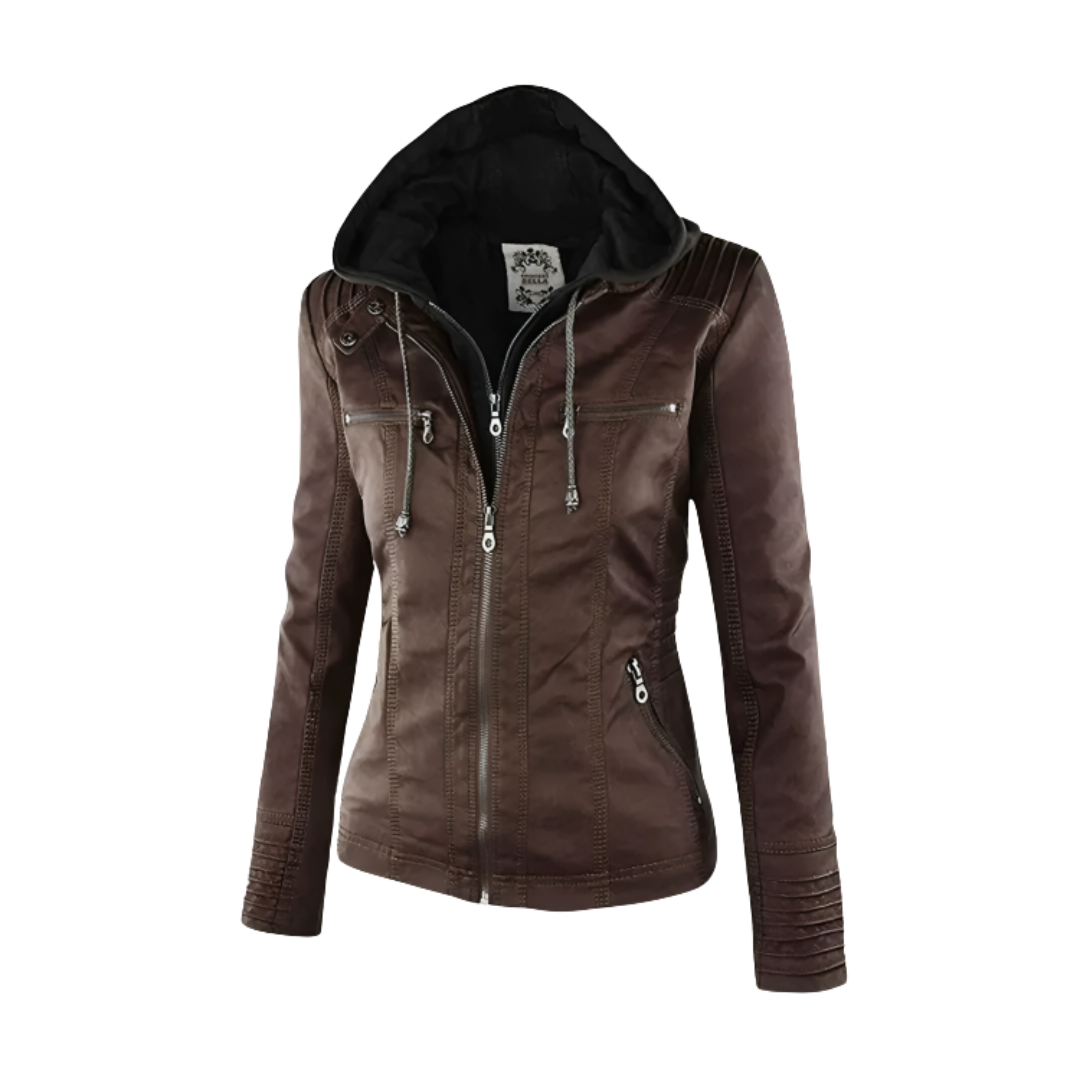 Wasserdichte Damen Bikerjacke aus veganem Leder mit Kapuze