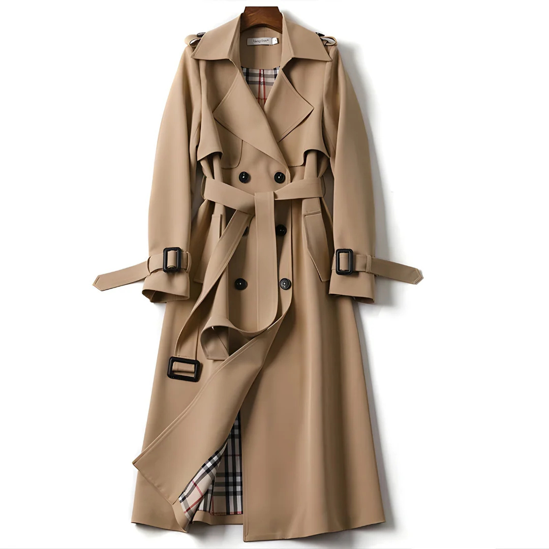 Damen Langer Doppelreihiger Trenchcoat – Klassischer Mantel mit Gürtel