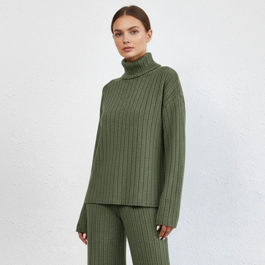 Damen Strickanzug – Zweiteiliges Set mit Rollkragen & Weitbeiniger Hose | Eleganter Lounge-Stil