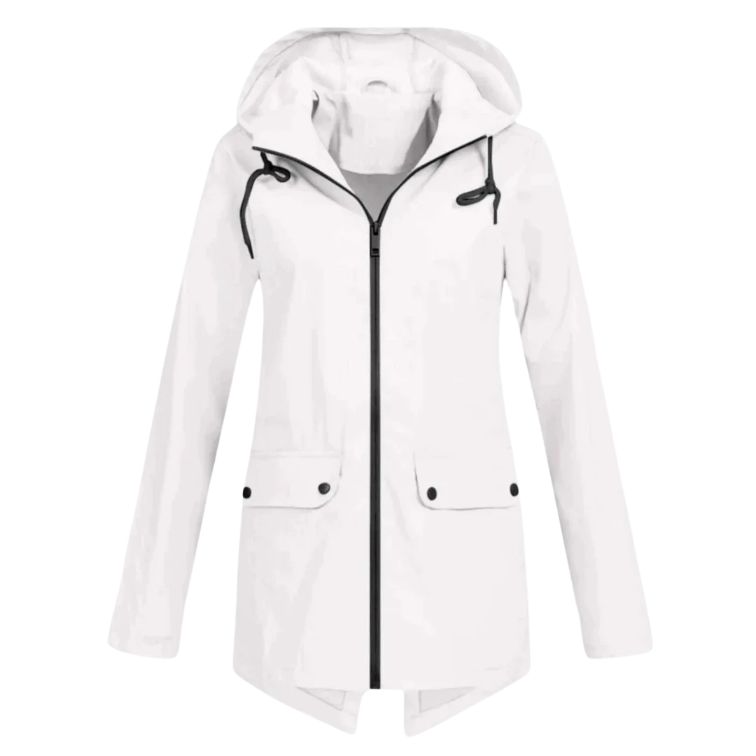 Damen langer wasserdichter Regenmantel mit Kapuze – Leichte winddichte Jacke mit Taschen