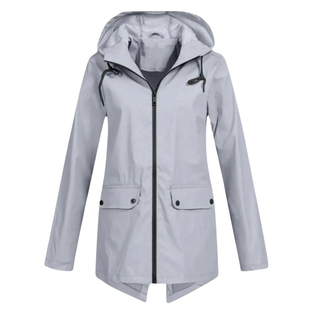 Damen langer wasserdichter Regenmantel mit Kapuze – Leichte winddichte Jacke mit Taschen