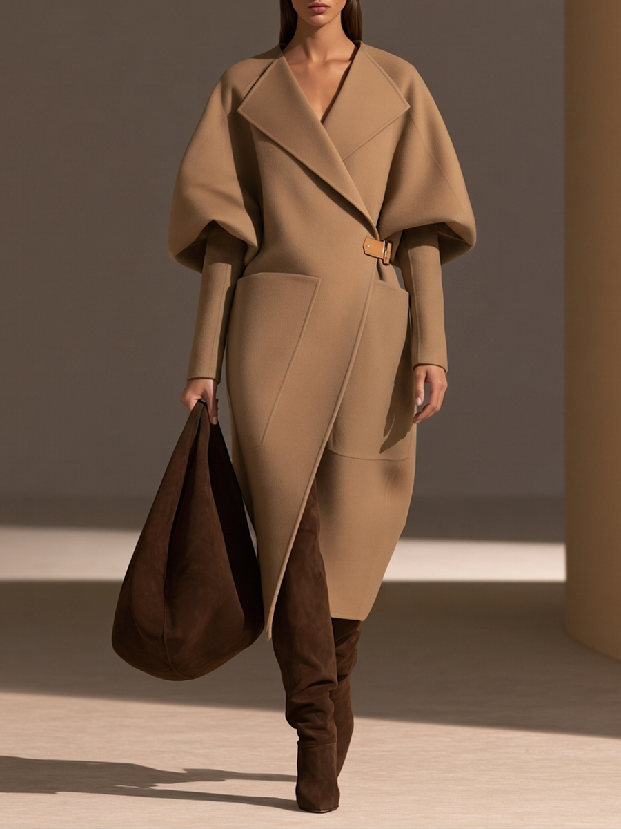 Damen Oversized-Revers Cocoon Puffärmel Lederschnalle Gürtel Aufgesetzte Taschen Longline Wollmantel