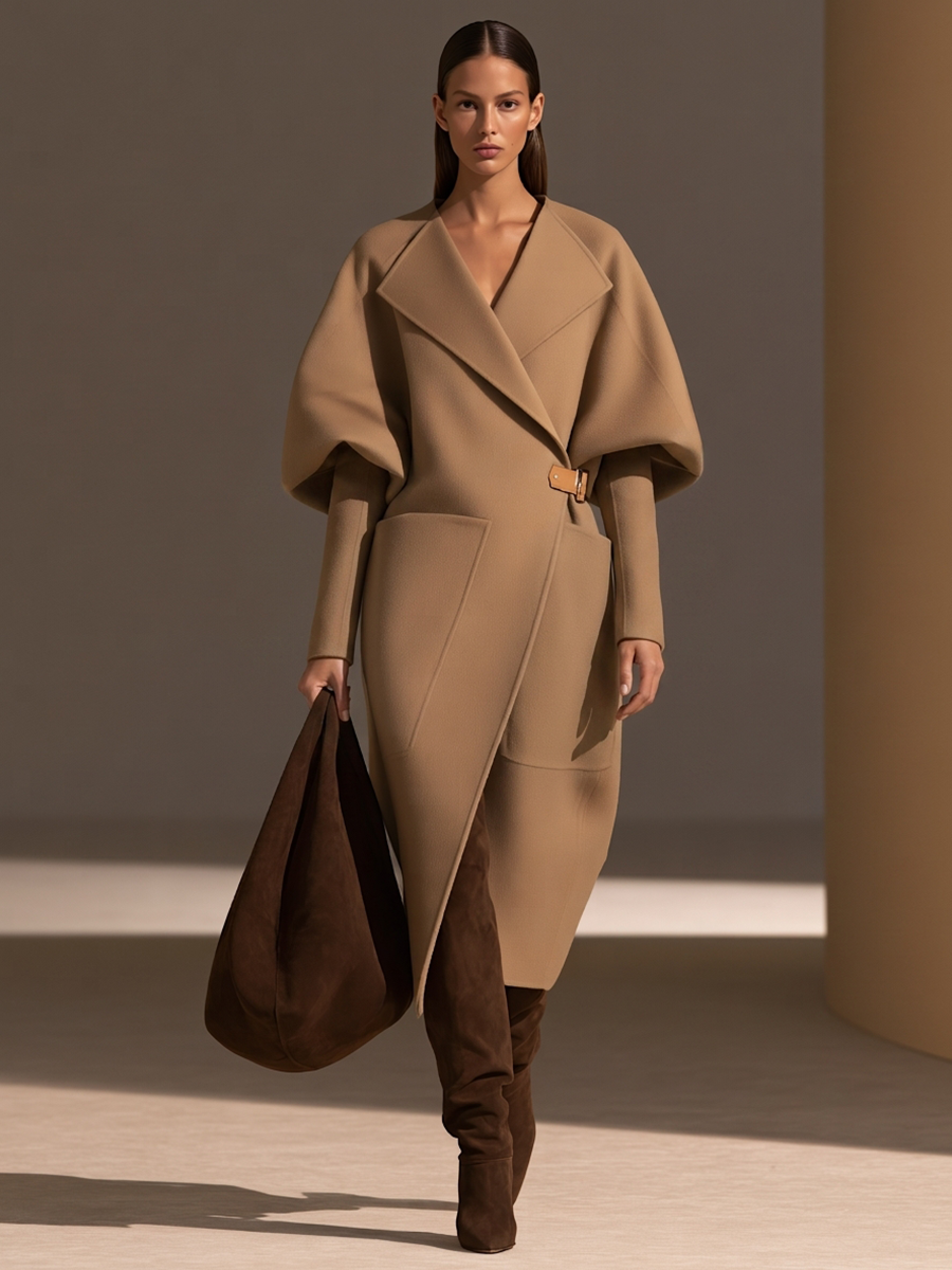 Damen Oversized-Revers Cocoon Puffärmel Lederschnalle Gürtel Aufgesetzte Taschen Longline Wollmantel