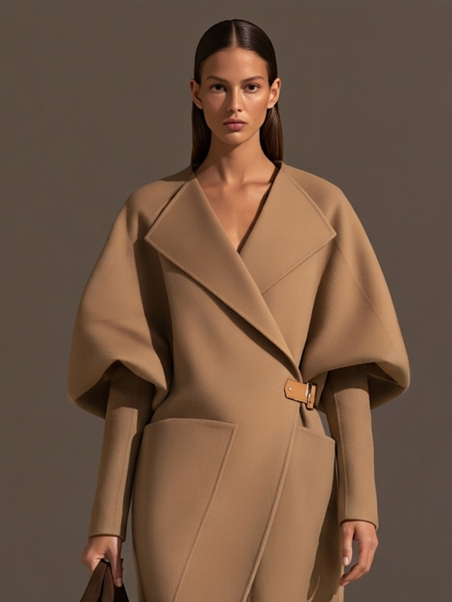 Damen Oversized-Revers Cocoon Puffärmel Lederschnalle Gürtel Aufgesetzte Taschen Longline Wollmantel