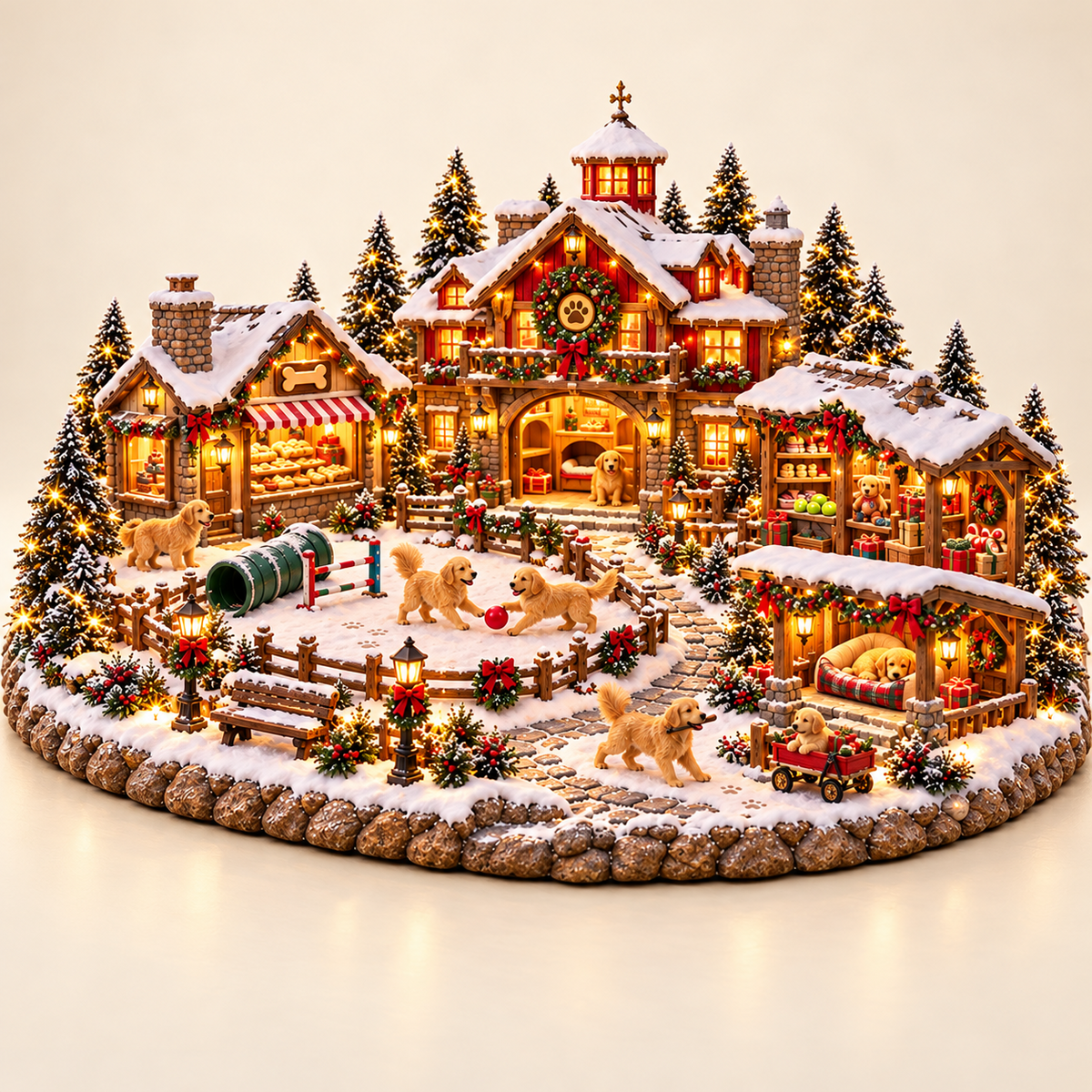 Weihnachts-Golden-Retriever-Dorf – Beleuchtete Weihnachtsszene für Hundeliebhaber