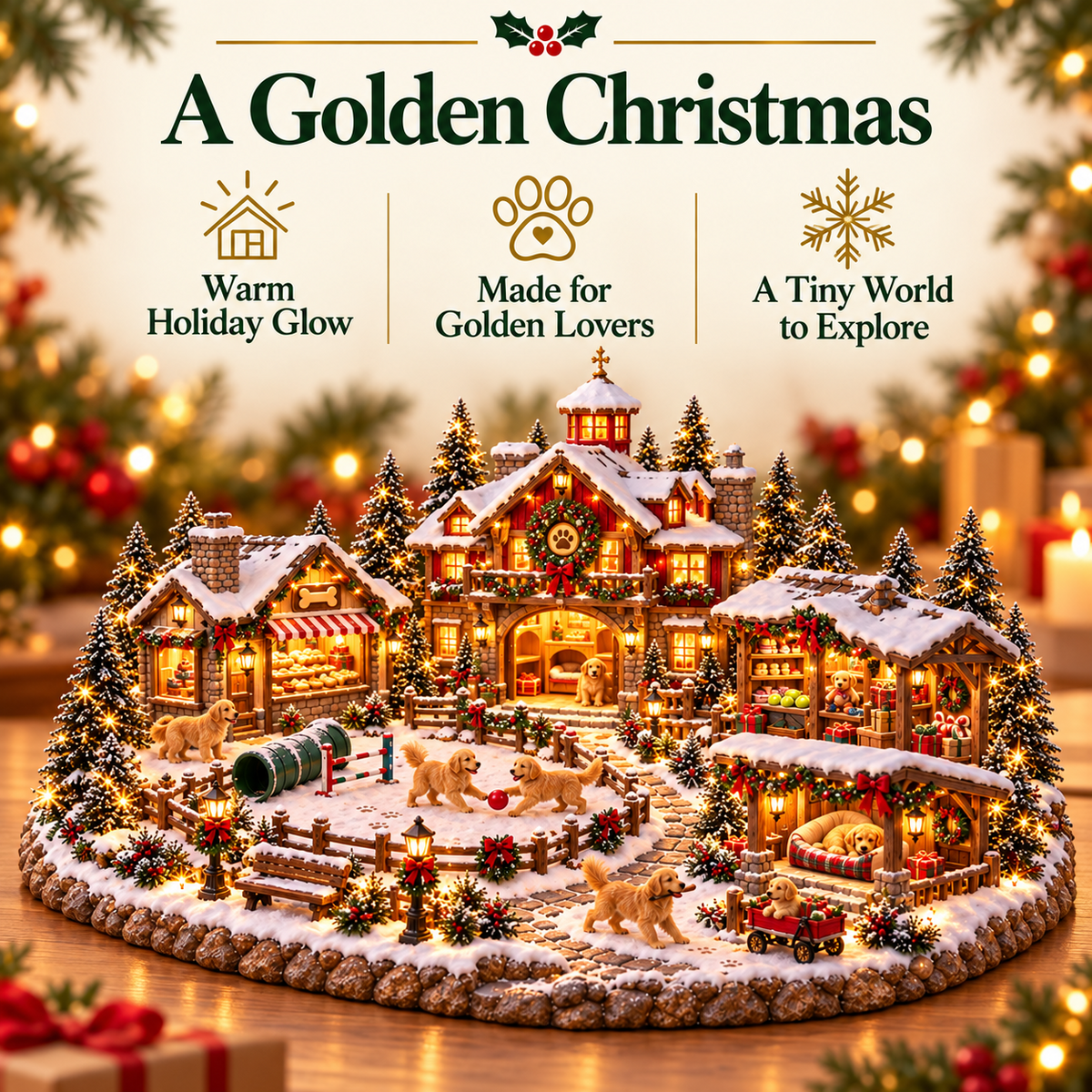 Weihnachts-Golden-Retriever-Dorf – Beleuchtete Weihnachtsszene für Hundeliebhaber