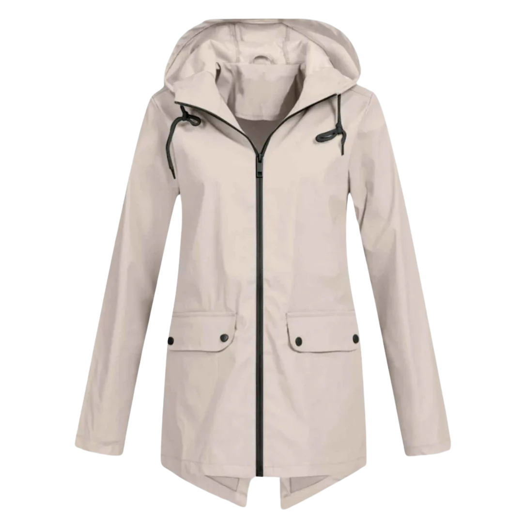 Damen langer wasserdichter Regenmantel mit Kapuze – Leichte winddichte Jacke mit Taschen