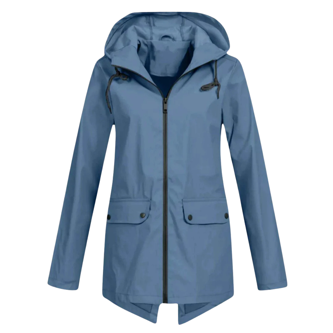 Damen langer wasserdichter Regenmantel mit Kapuze – Leichte winddichte Jacke mit Taschen