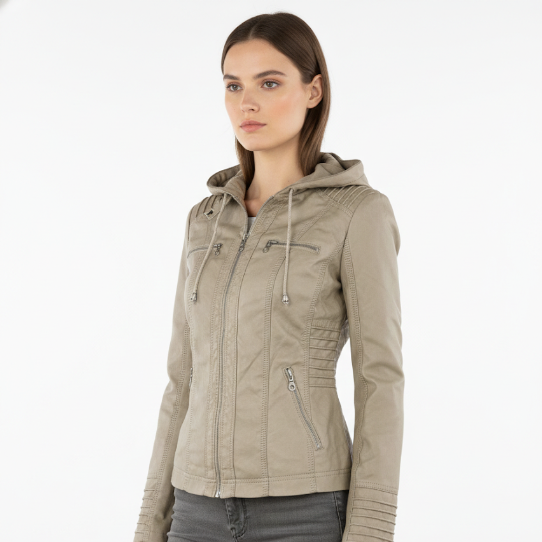 Damen Bikerjacke aus veganem Leder mit Kapuze