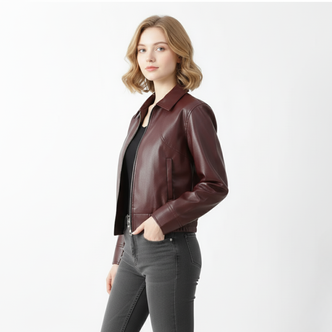 Damen Cropped Kunstlederjacke – Moto-Stil mit Reißverschluss (Weinrot)