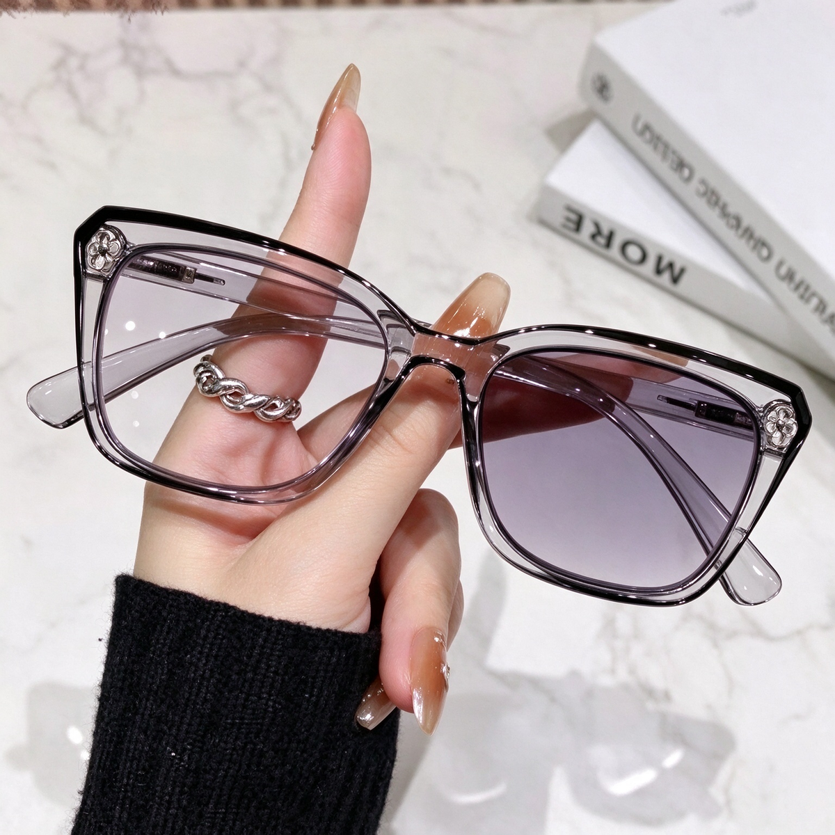 Progressive photochrome Lesebrillen für Damen, rosa quadratische Multifokal-Lesebrille