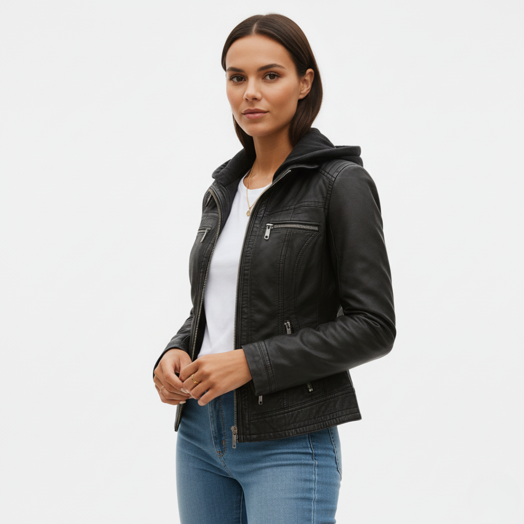 Wasserdichte Damen Bikerjacke aus veganem Leder mit Kapuze