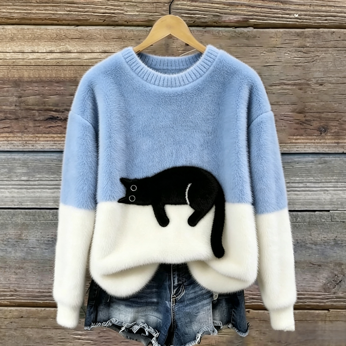 Schwarze Katze Kuscheliges Oversize-Plüsch-Sweatshirt