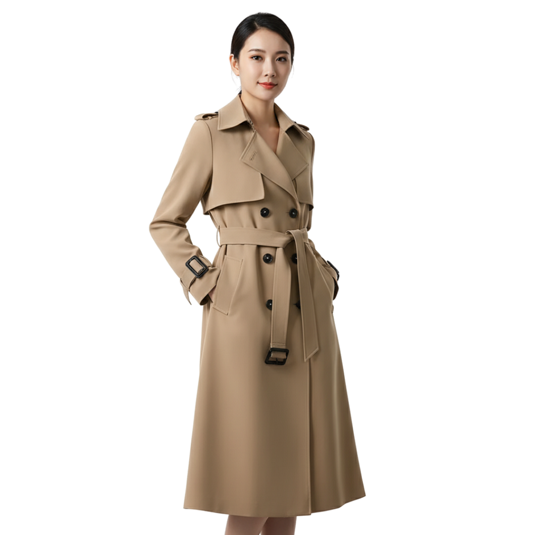 Damen Langer Doppelreihiger Trenchcoat – Klassischer Mantel mit Gürtel