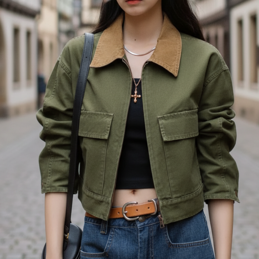 Jacke Damen Grün aus Baumwolle mit Cordkragen & Vintage Patchwork – Cambridge Canvas Jacket