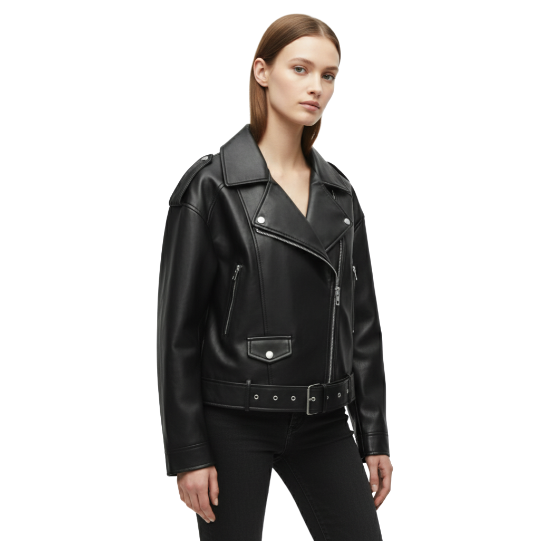 Damen Bikerjacke aus Kunstleder – Stormline Cropped Moto Jacke mit Gürtel