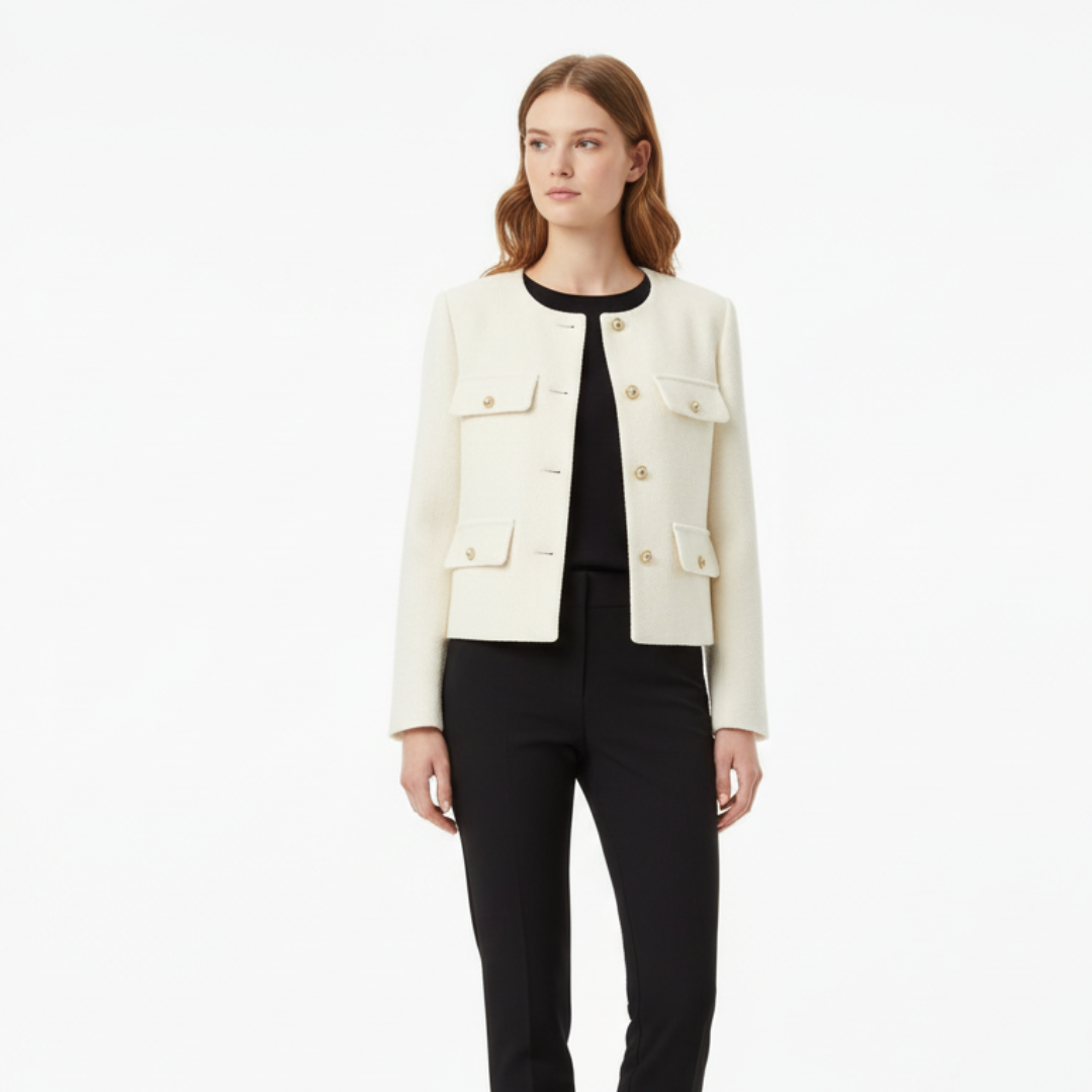 Damen Cropped Bouclé-Tweed-Jacke – Eleganter Cardigan-Blazer mit Goldknöpfen