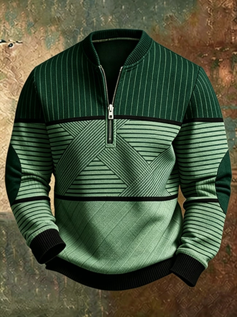 Herren-Pullover mit Stehkragen und halbem Reißverschluss mit grafischem Muster