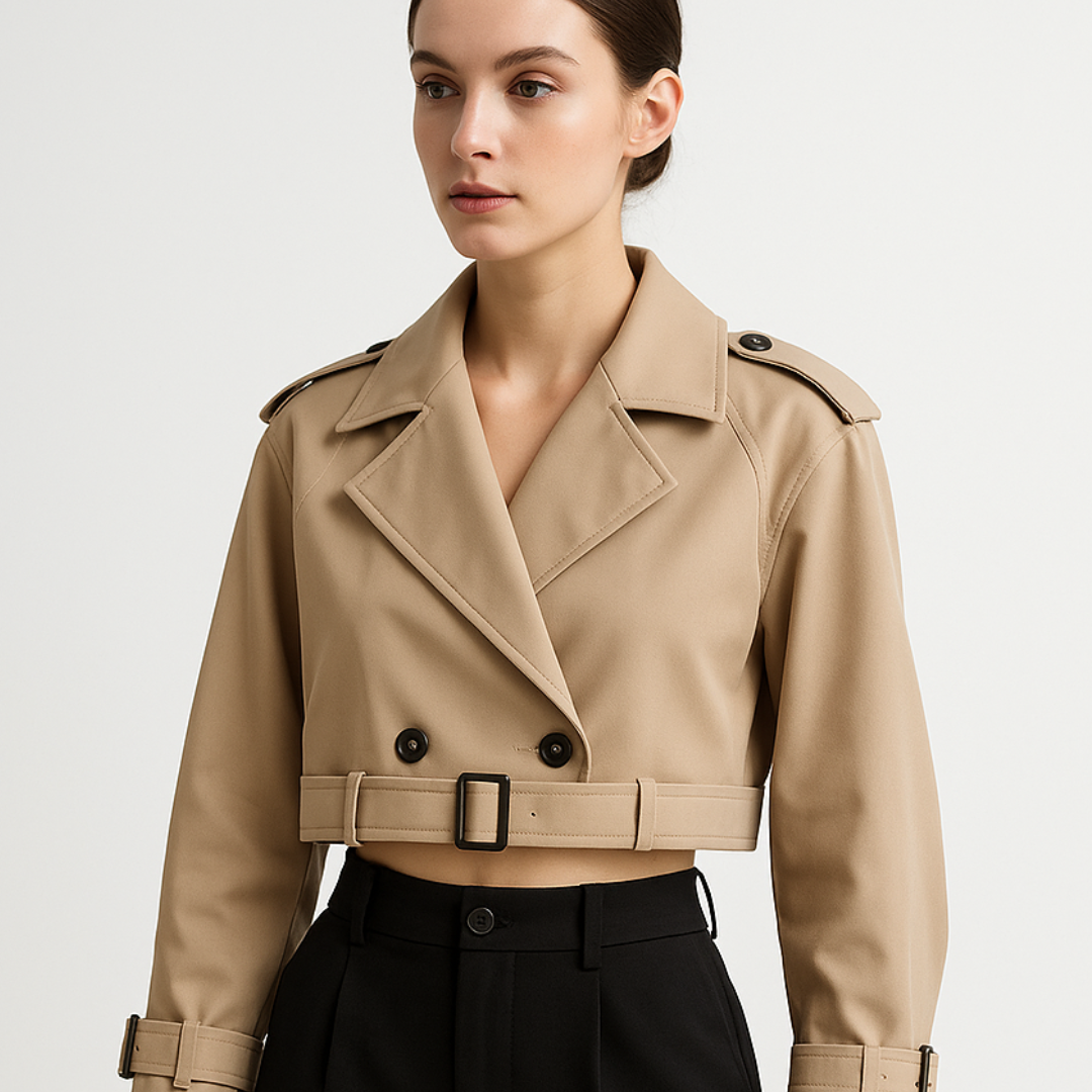 Damen Cropped Trenchcoat – Kurz geschnittener, doppelreihiger Mantel mit Gürtel
