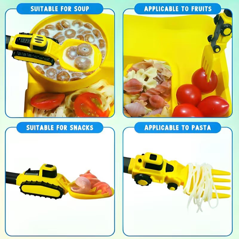 Baufahrzeug Kinder-Besteckset | 3-teiliges Fütterungsset mit Löffel, Gabel & Aufbewahrungsbox | Weicher Griff | Spülmaschinenfest | Perfekt für Reisen & Zuhause | Geschenkset Besteck