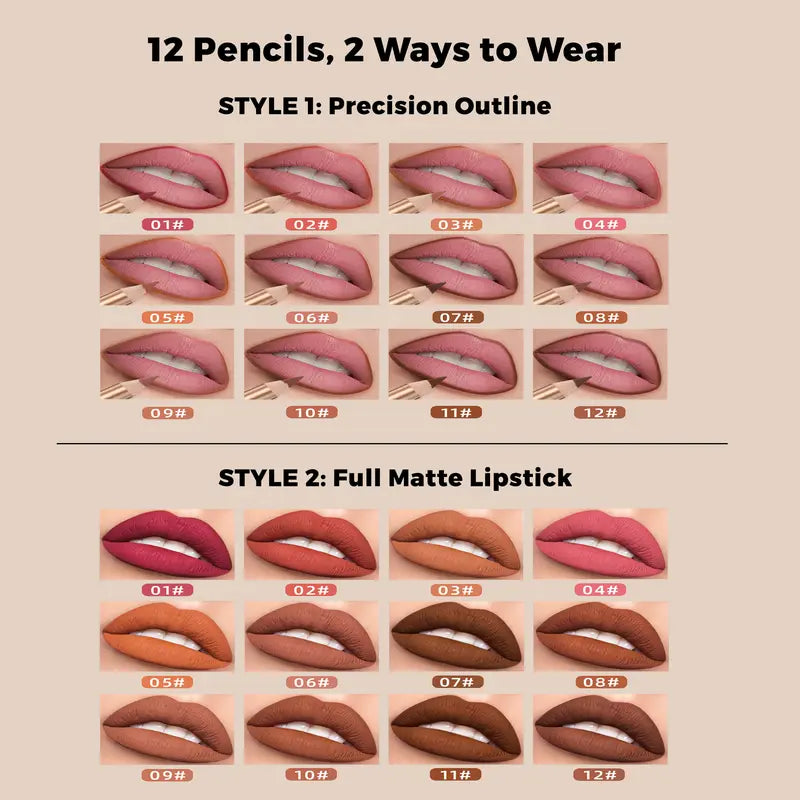 12-teiliges mattes Lipliner-Set mit Anspitzer, blendbare Lippenkonturenstifte
