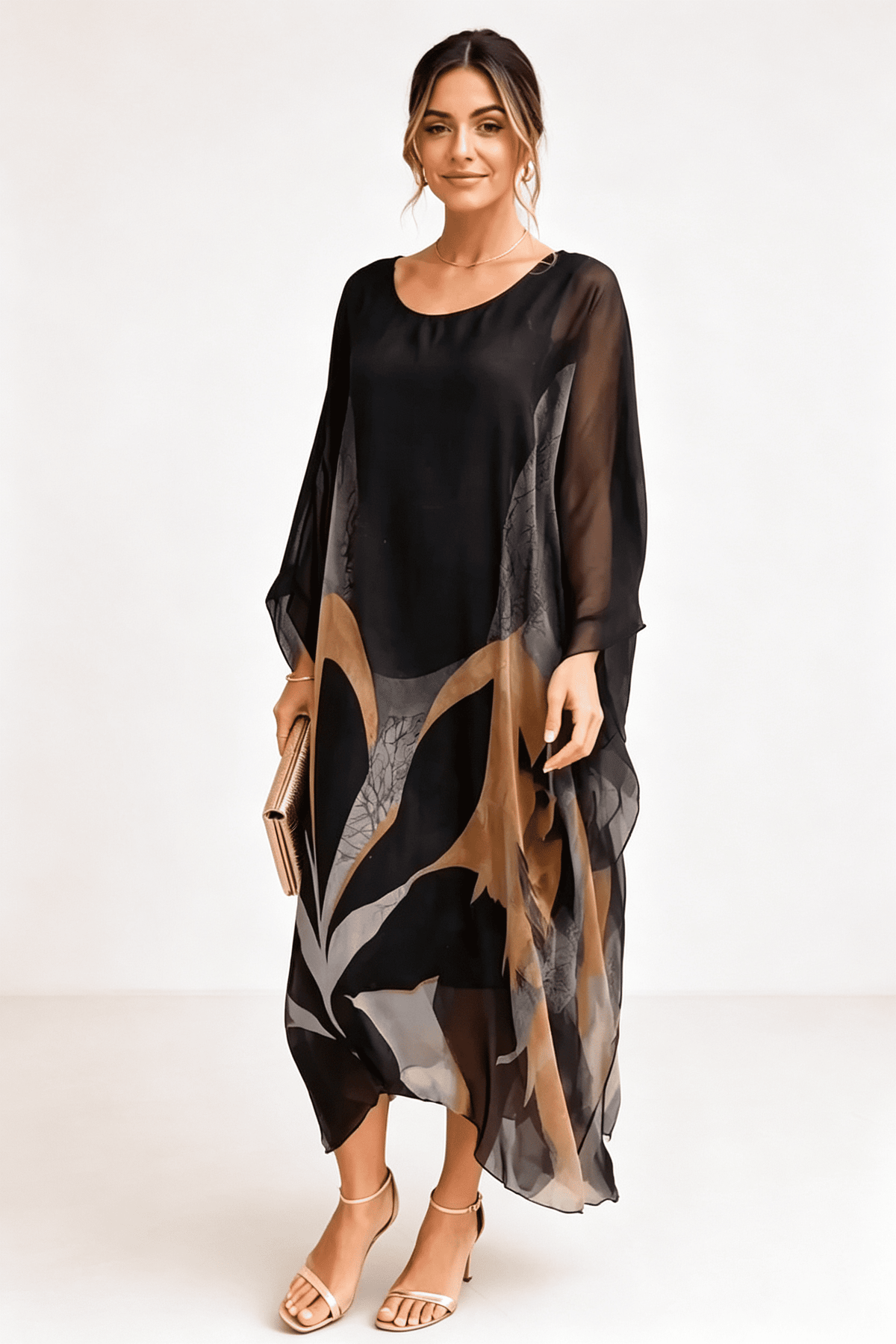 Schwarz-Grau-Gold Bedrucktes Kaftan Maxikleid