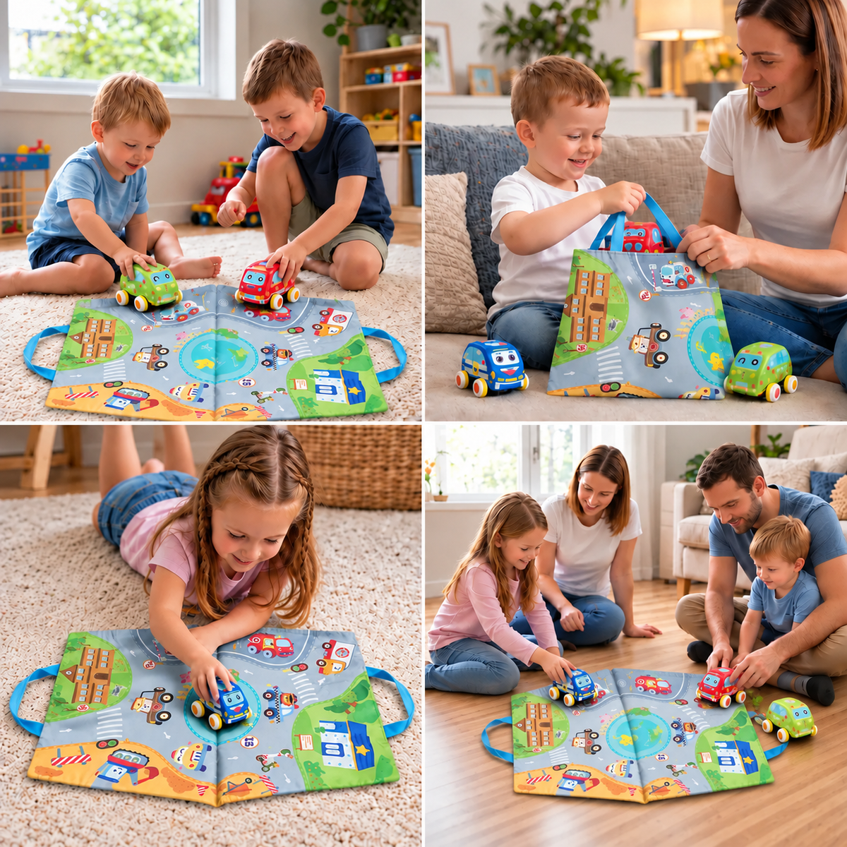 Weiches Plüsch-Rückzieh-Auto-Set mit 2-in-1-Spielmatte und Aufbewahrungstasche