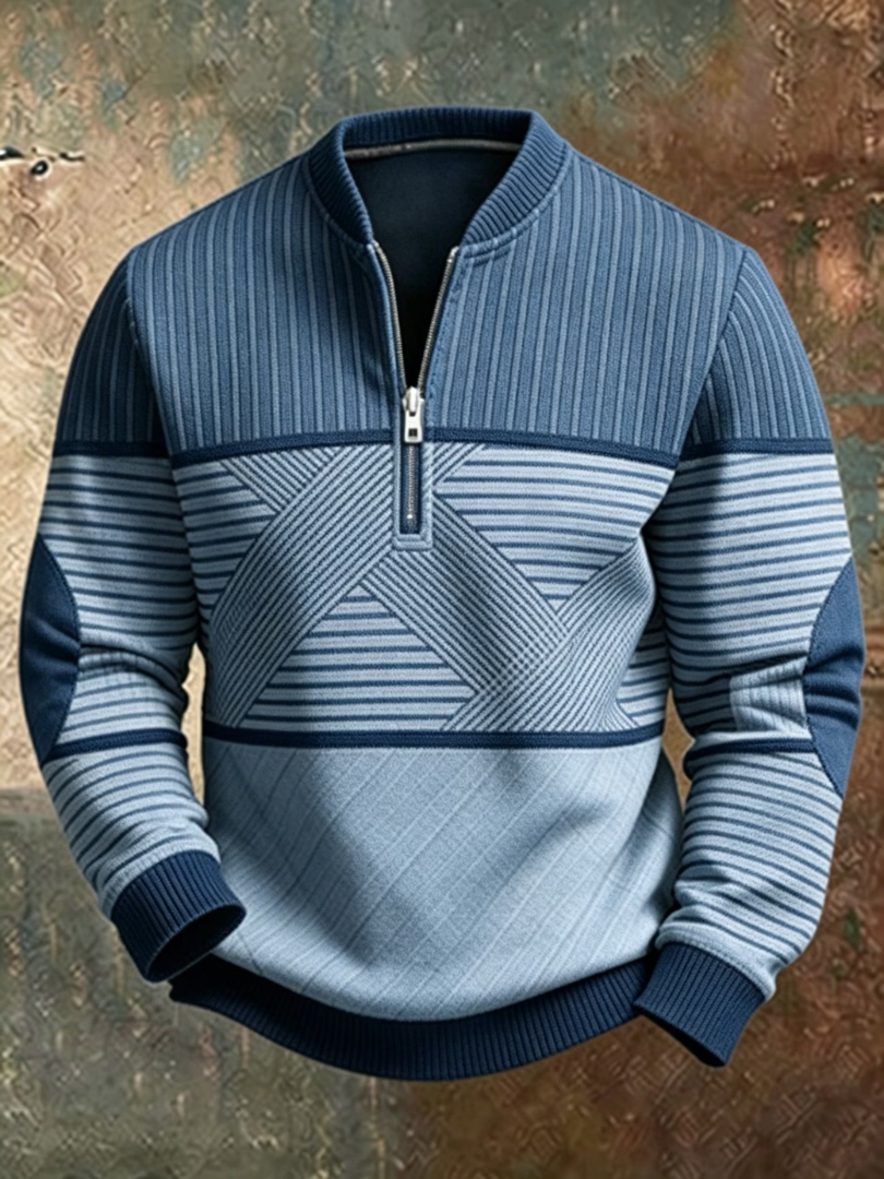 Herren-Pullover mit Stehkragen und halbem Reißverschluss mit grafischem Muster