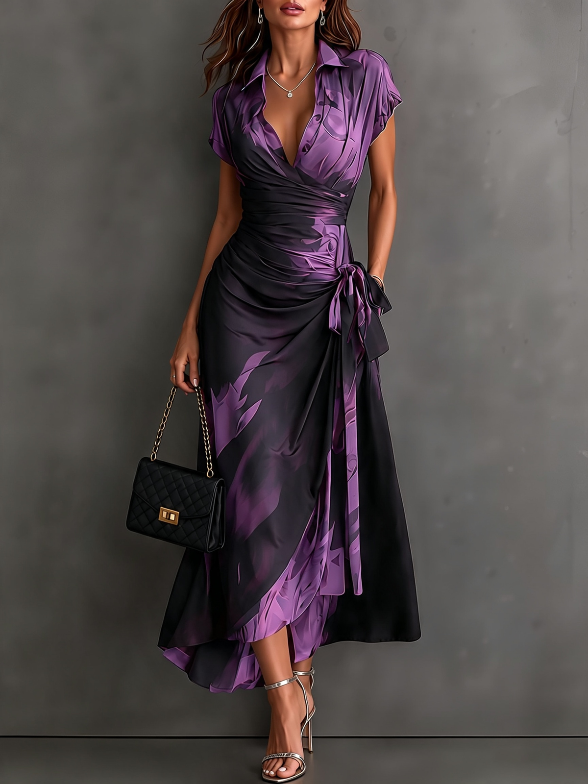 Safran Wickelkleid mit abstraktem Print für Herbst