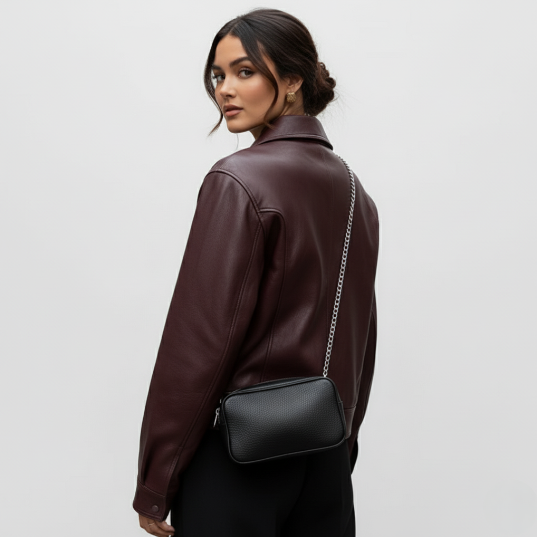 Damen Cropped Kunstlederjacke – Vintage Zip-Up Biker-Stil