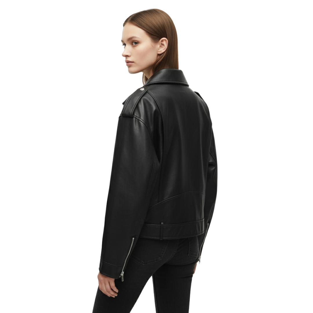 Damen Bikerjacke aus Kunstleder – Stormline Cropped Moto Jacke mit Gürtel