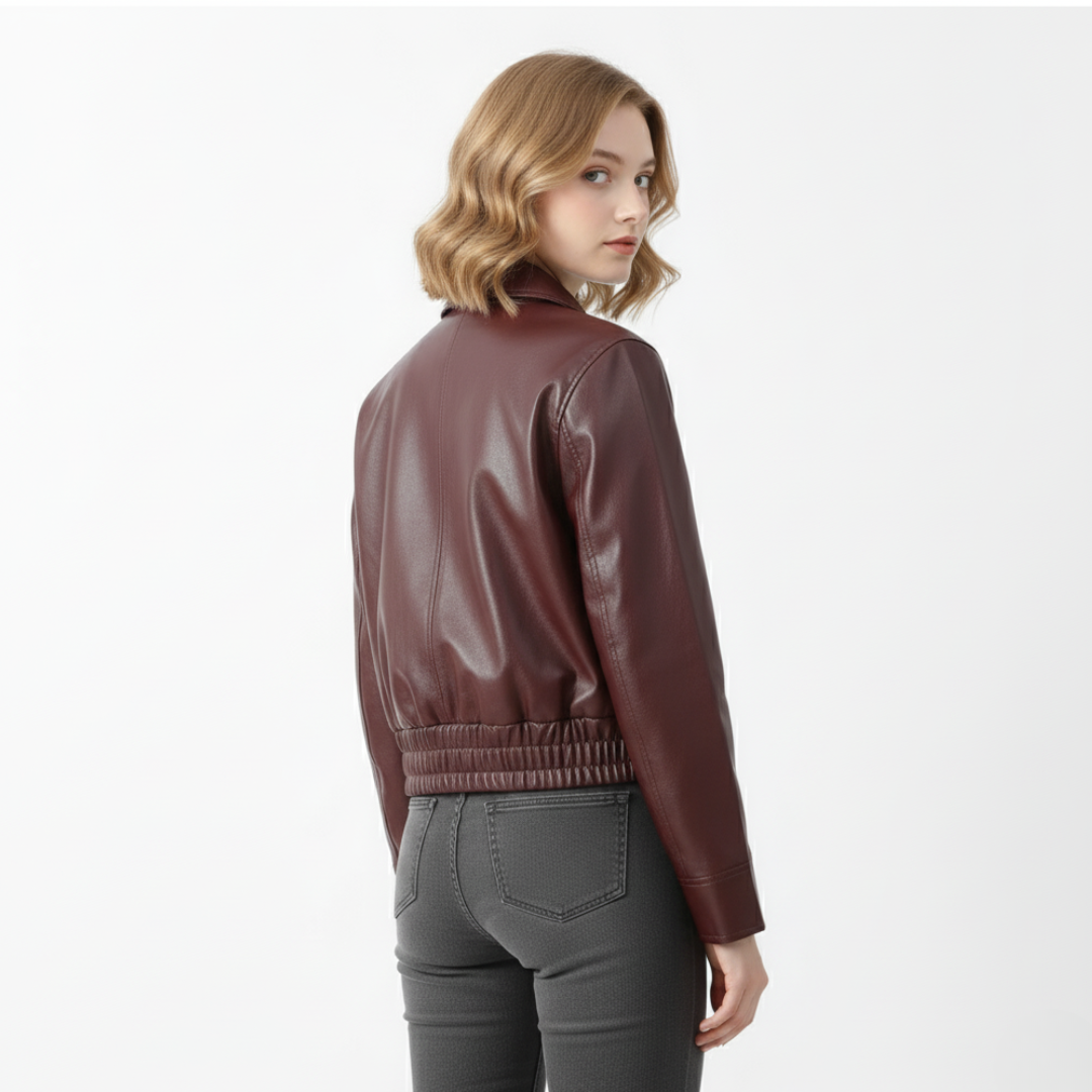 Damen Cropped Kunstlederjacke – Moto-Stil mit Reißverschluss (Weinrot)