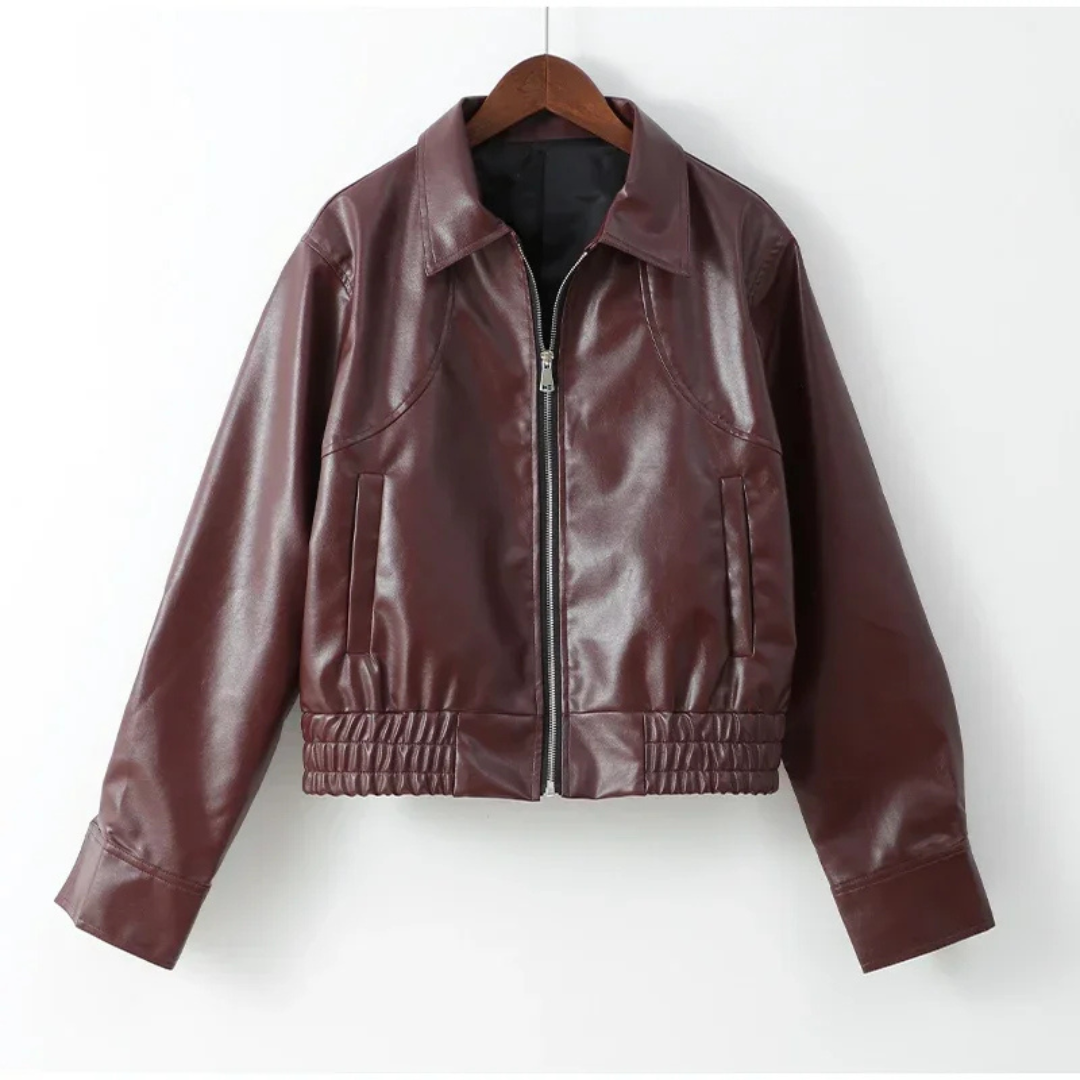 Damen Cropped Kunstlederjacke – Moto-Stil mit Reißverschluss (Weinrot)