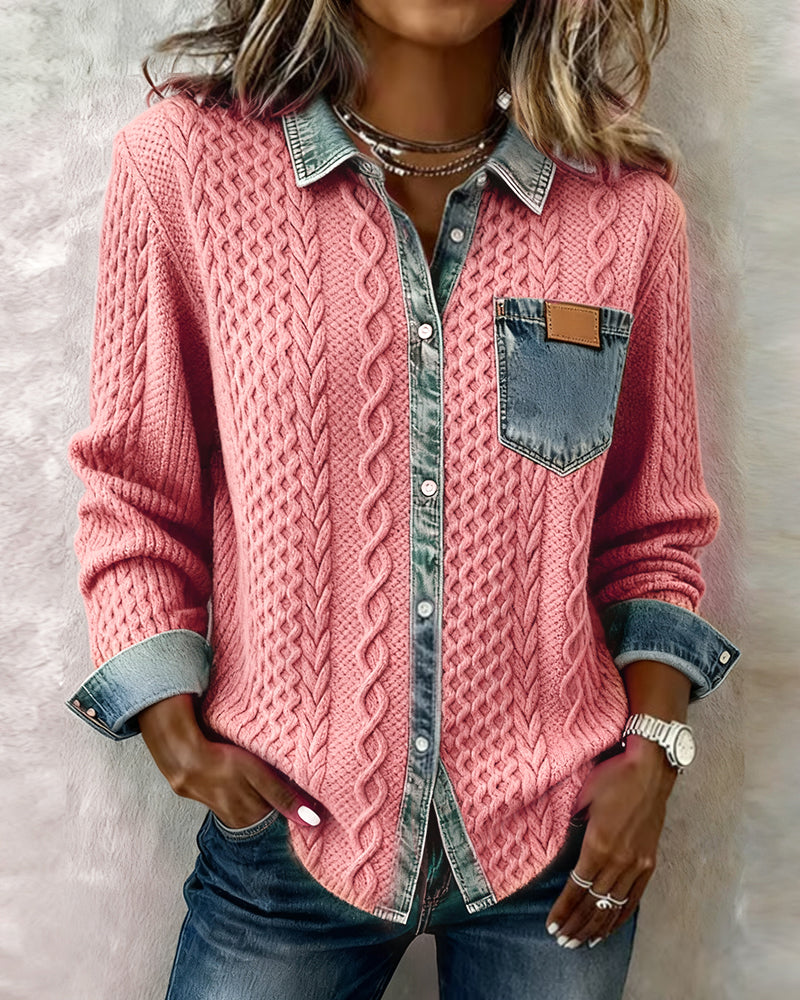 Damen-Cardigan aus Zopfstrick mit Denim-Details