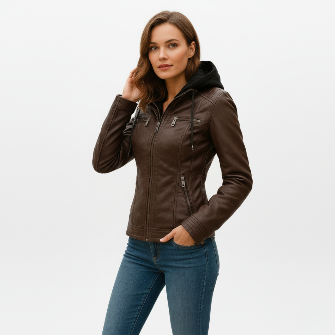 Wasserdichte Damen Bikerjacke aus veganem Leder mit Kapuze