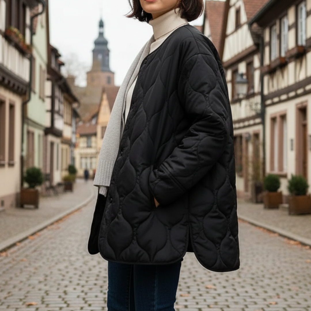 Mantel Damen gesteppt mit Rundhalsausschnitt & Druckknöpfen – QuiltaShell Jacke