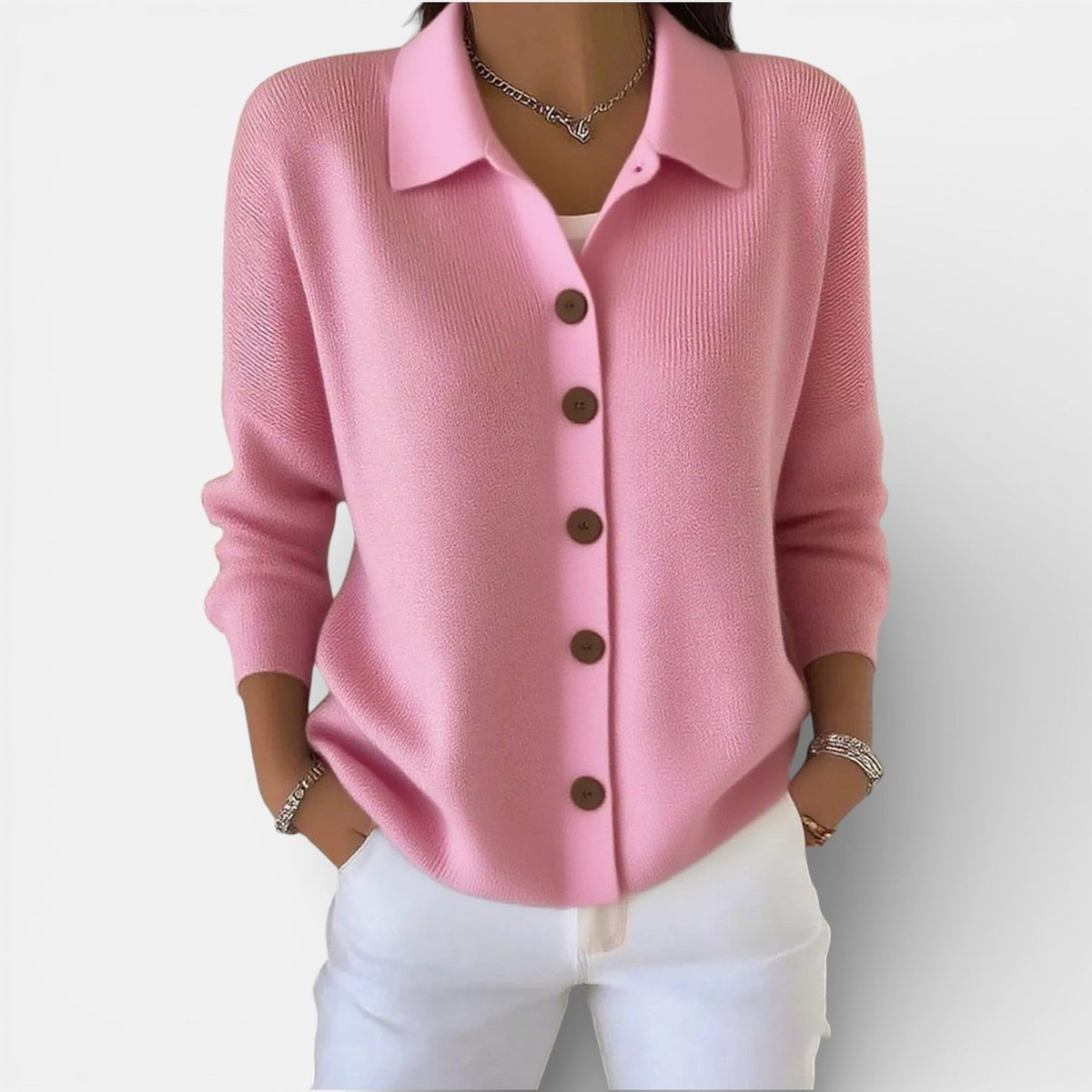 Strickbluse mit Polokragen und Knopfleiste