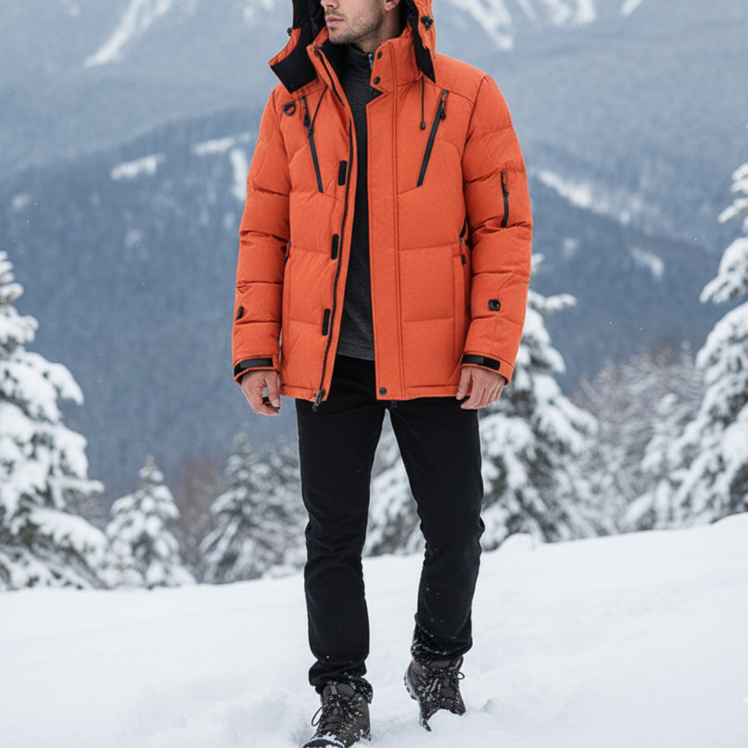 Daunenjacke mit abnehmbarer Kapuze & Windschutz – Nordfell Expedition