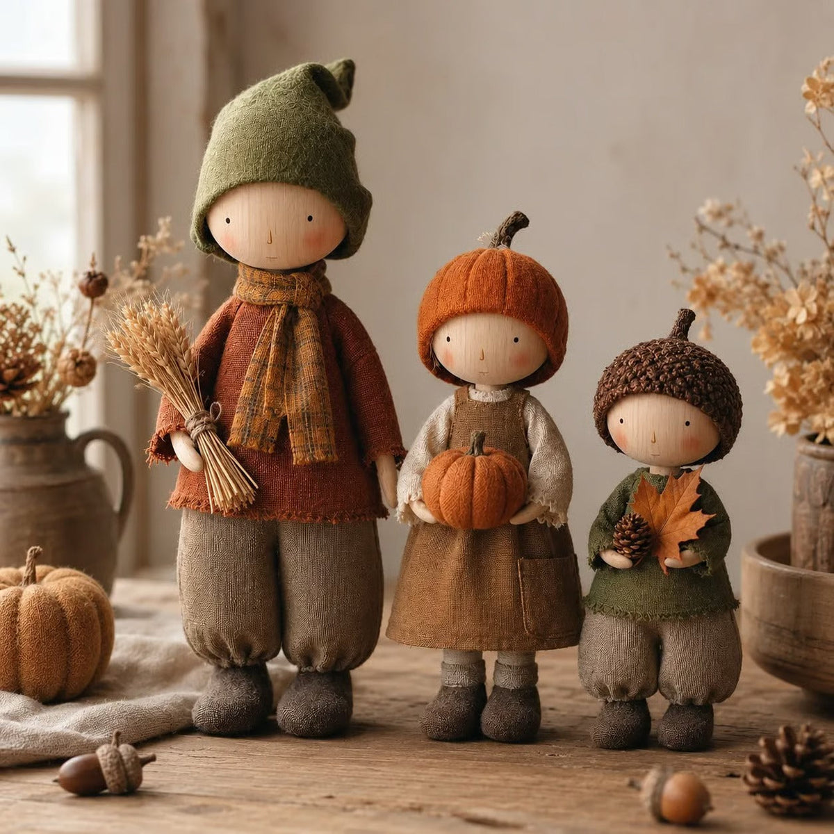 Set aus 3 rustikalen Herbsternte-Puppenfiguren