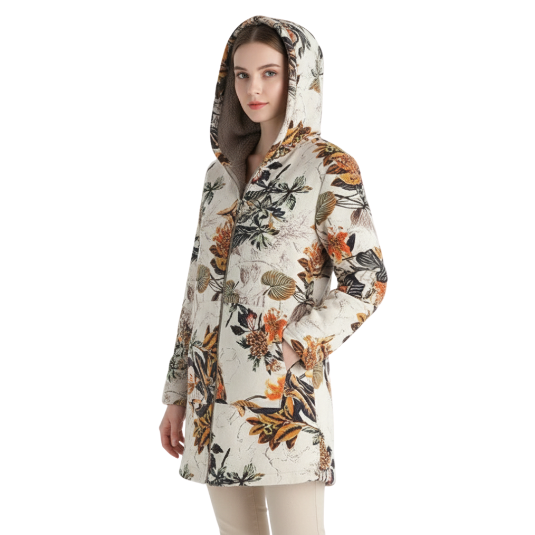 Damen Gefütterter Winterparka mit Kapuze – Becca Fleece-Mantel mit Blumenmuster