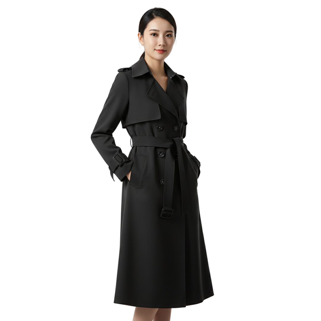 Damen Langer Doppelreihiger Trenchcoat – Klassischer Mantel mit Gürtel
