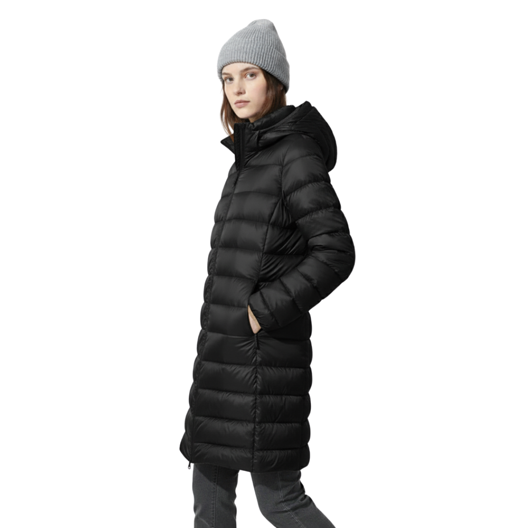 Damen Leichter Langer Daunenmantel – Warmer Mantel mit Kapuze