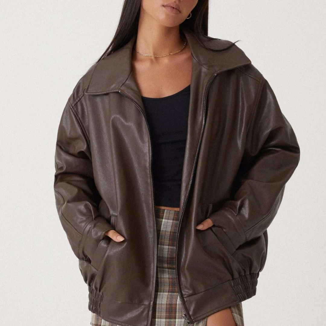 Lederjacke Damen Oversize mit Reißverschluss & Taschen – UrbanEase Layer